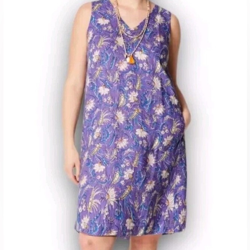 J. Jill Love Linen Purple V Neck Shift Knee Length Dress Floral Paisley Print